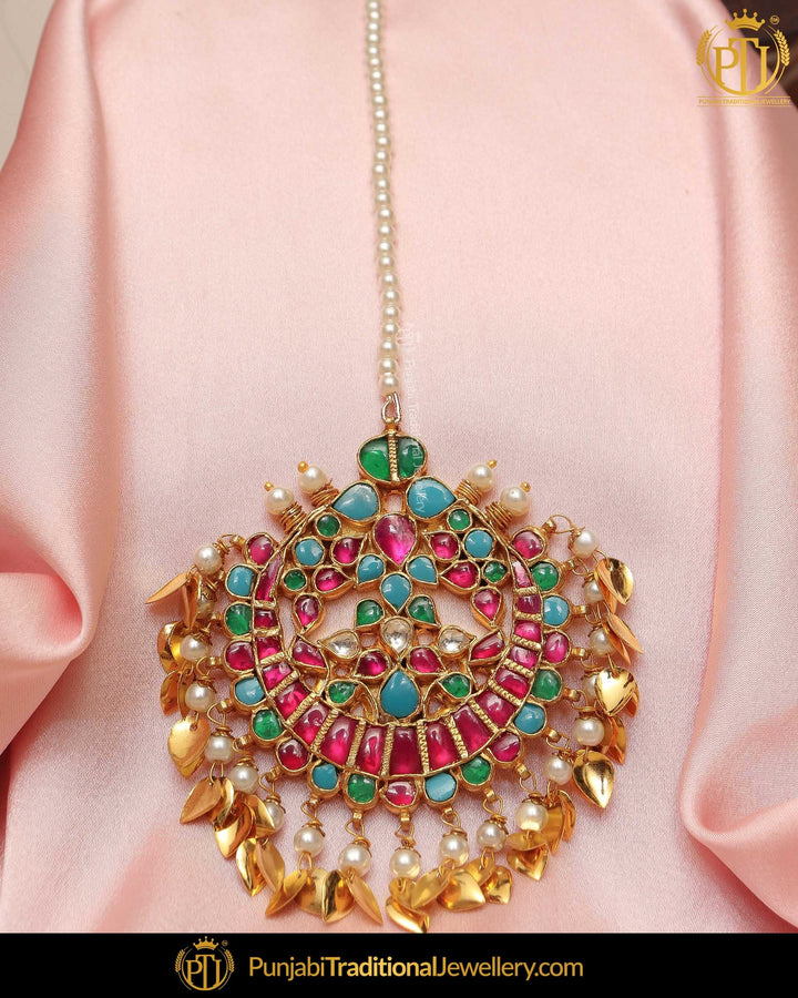 Gold Finished Rubby Firozi Pippal Patti Tikka | Punjabi Traditional Jewellery Exclusive