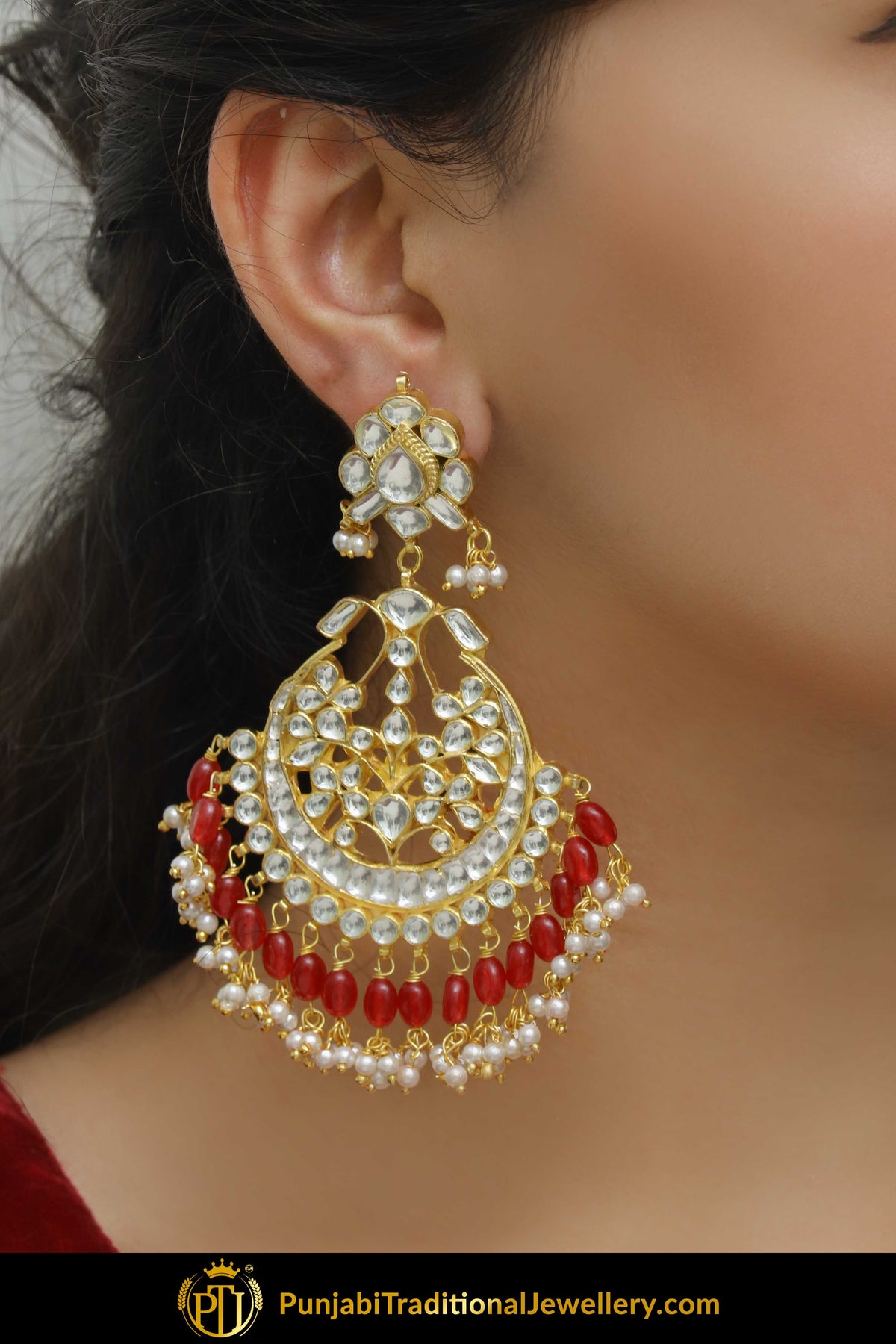 Kausar Red Kundan Earring Tikka Set  | Punjabi Traditional Jewellery Exclusive