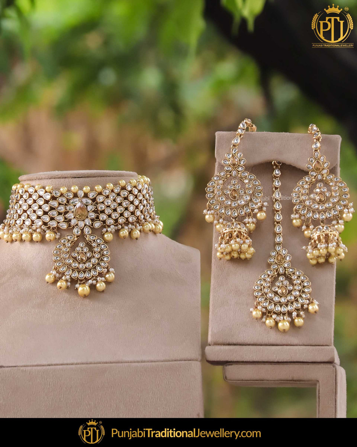 Gold Finished Kundan Pearl Choker Necklace Set | Punjabi Traditional Jewellery Exclusive