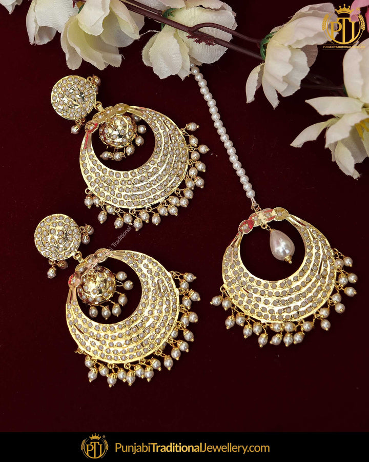 Gold Finished Jadau Pearl Earring Tikka Set  | Punjabi Traditional Jewellery Exclusive