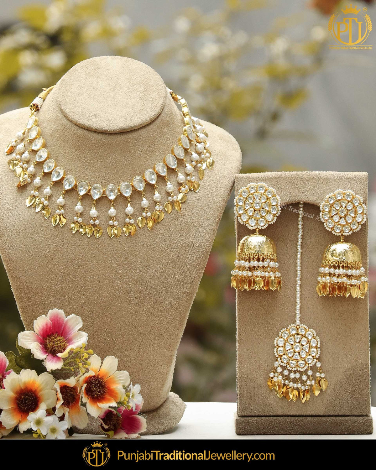 Gold Finished Pippal Patti Kundan Pearl Necklace Set | Punjabi Traditional Jewellery Exclusive