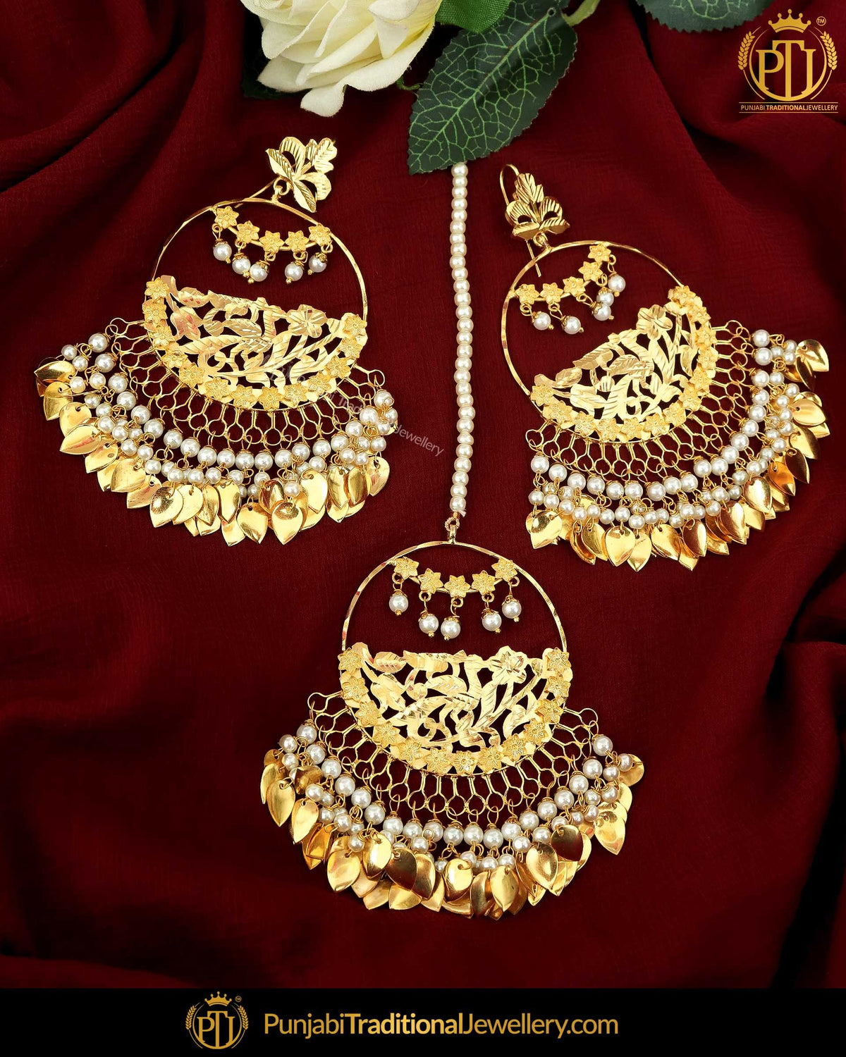 Gold Finished Pippal Patti Jadau Pearl Earring Tikka Set | Punjabi Traditional Jewellery Exclusive