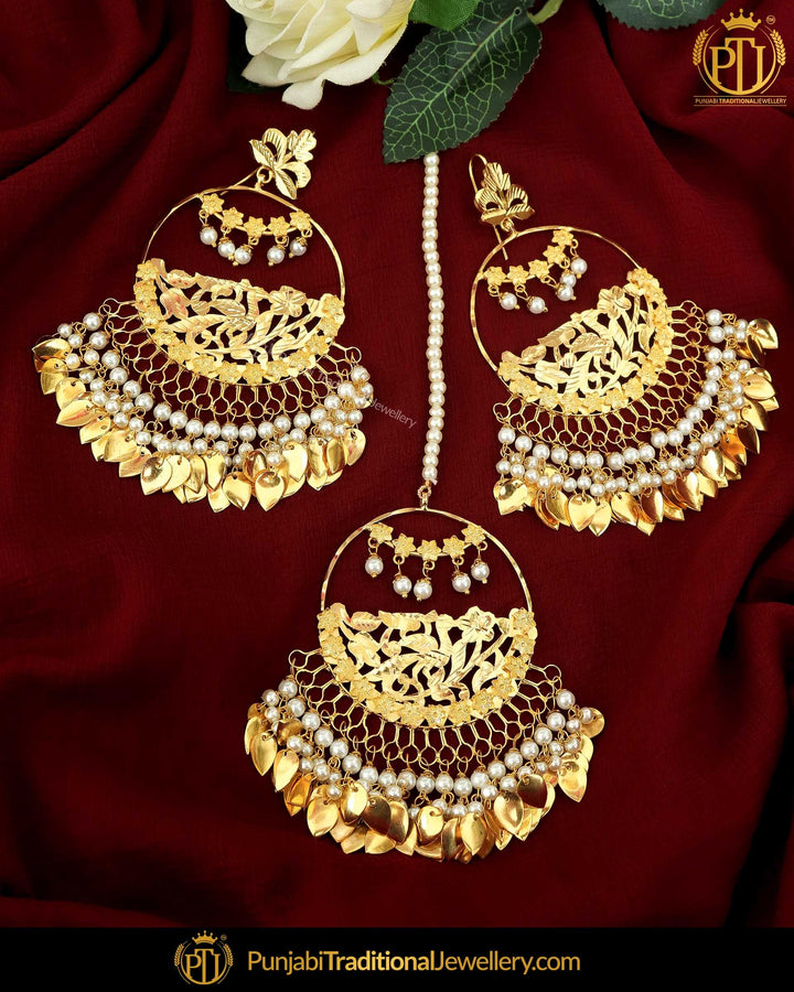 Gold Finished Pippal Patti Jadau Pearl Earring Tikka Set | Punjabi Traditional Jewellery Exclusive