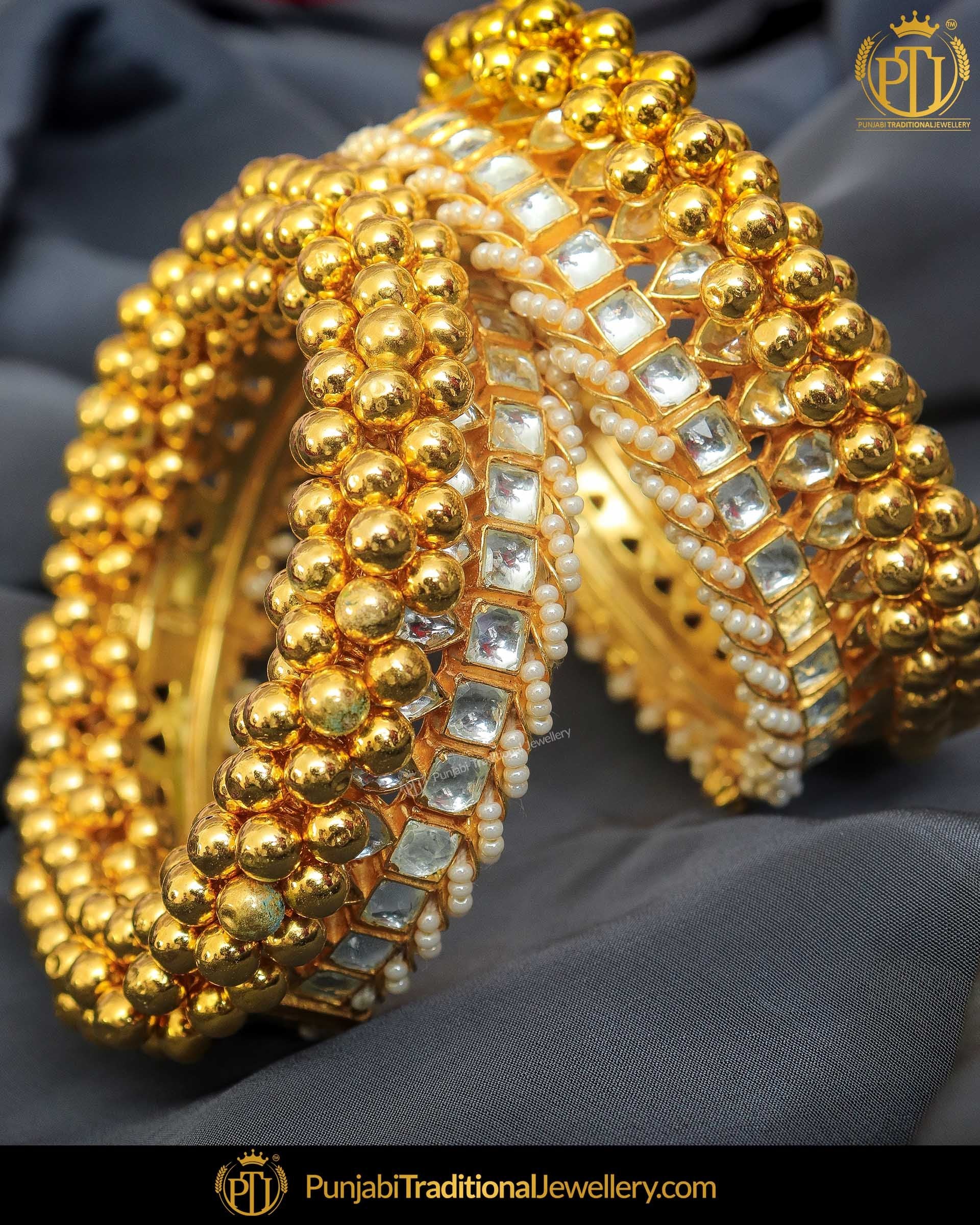 Gold Finished Kundan Pearl Johda Karra Bangles (Pair)| Punjabi Traditional Jewellery Exclusive
