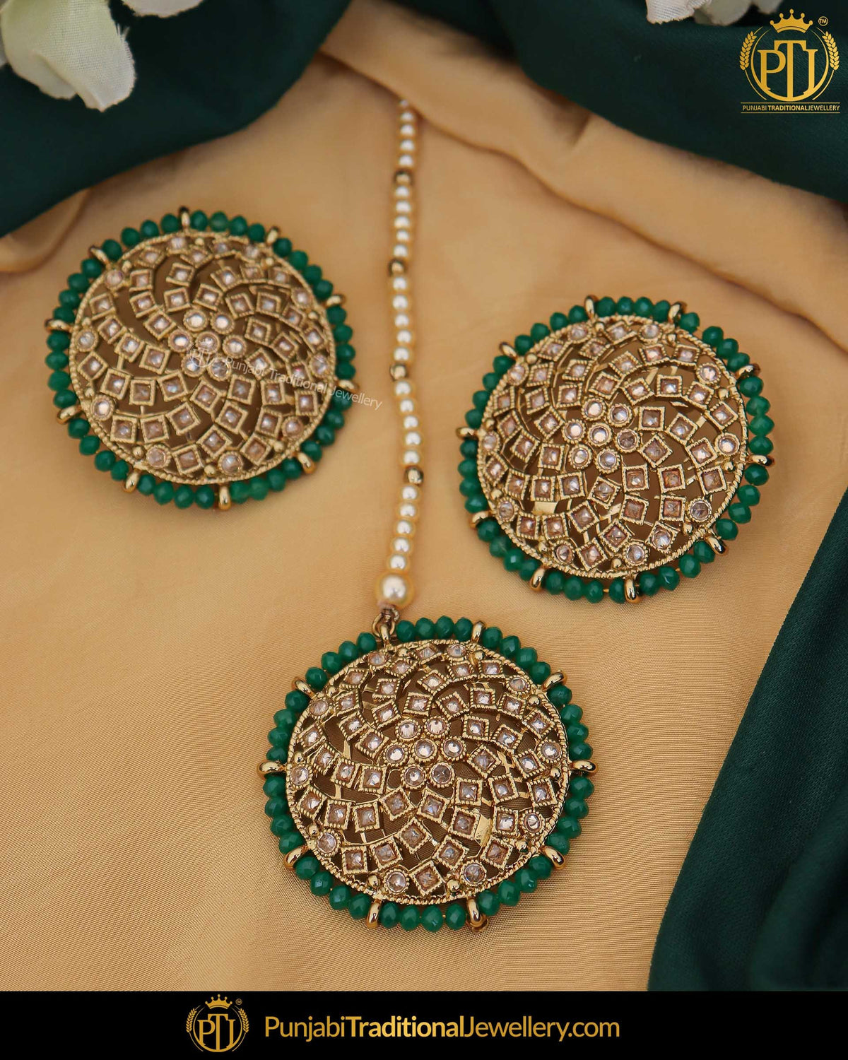 Gold Finished Green Champagne Stone Stud Earring Tikka Set | Punjabi Traditional Jewellery Exclusive