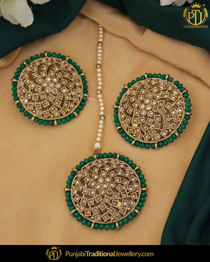 Gold Finished Green Champagne Stone Stud Earring Tikka Set | Punjabi Traditional Jewellery Exclusive