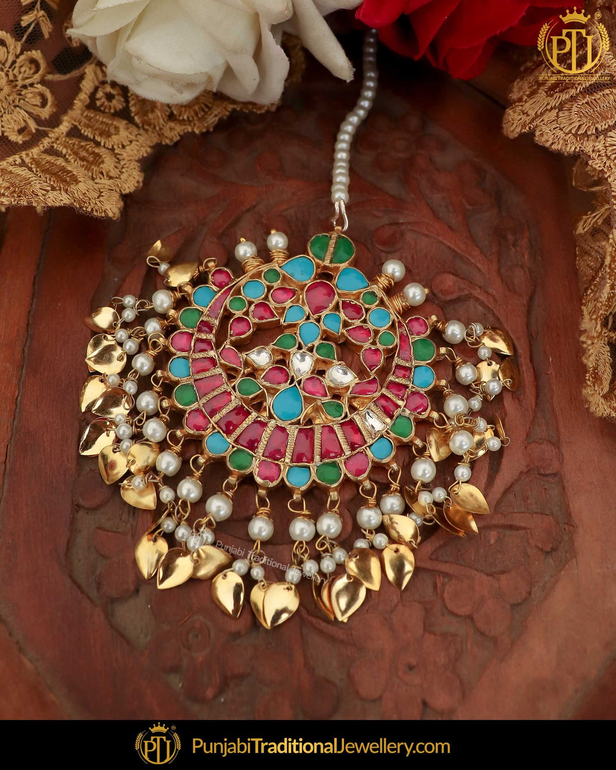 Gold Finished Kundan Firozi & Red Pippal Patti Pearl Tikka | Punjabi Traditional Jewellery Exclusive