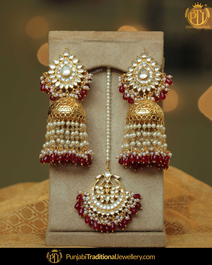 Gold Finished Rubby Jhumki Pearl Kundan Earrings & Tikka Set | Punjabi Traditional Jewellery Exclusive