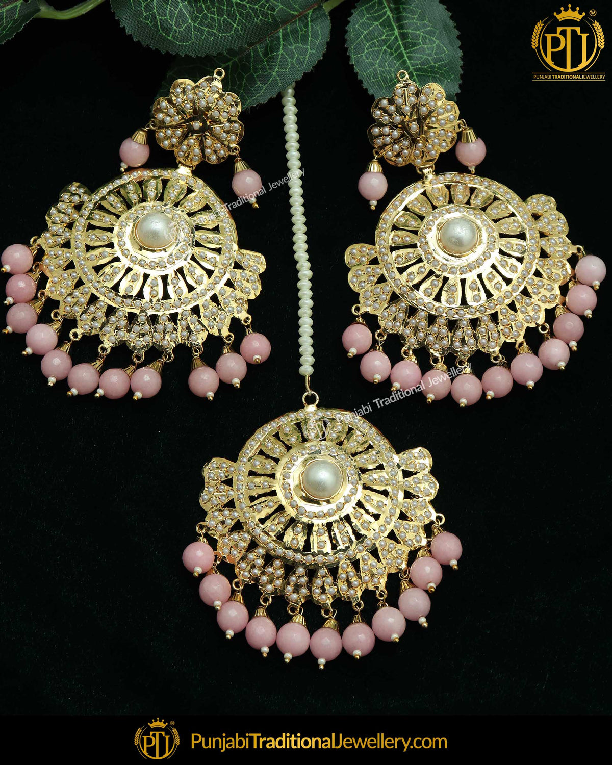 Gold Finished Peach Jadau Pearl Earring Tikka Set | Punjabi Traditional Jewellery Exclusive