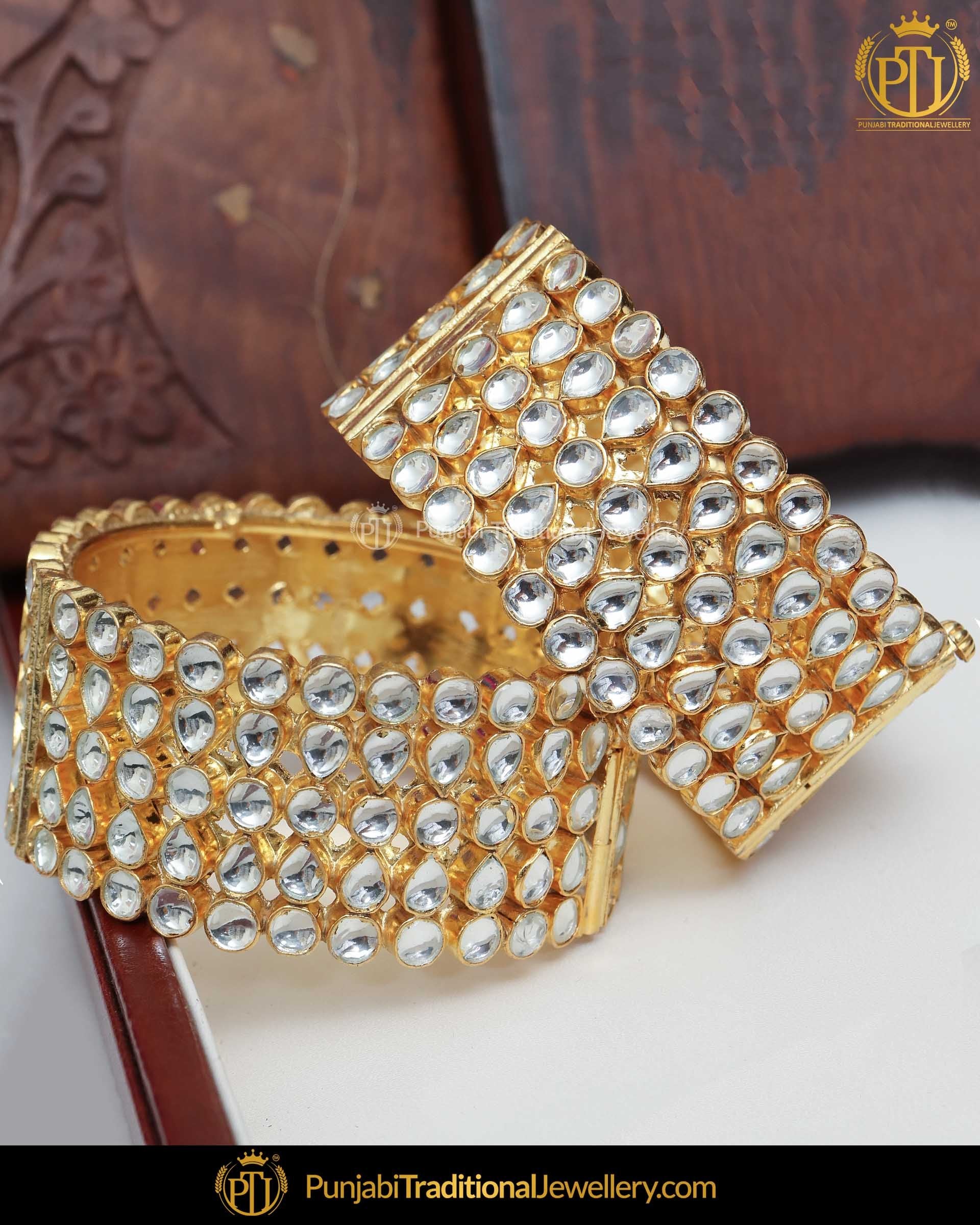 Gold Finished Kundan Openable Karra Bangles (Pair)| Punjabi Traditional Jewellery Exclusive