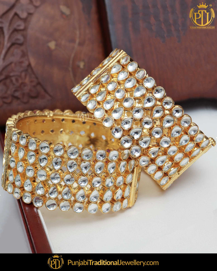 Gold Finished Kundan Openable Karra Bangles (Pair)| Punjabi Traditional Jewellery Exclusive