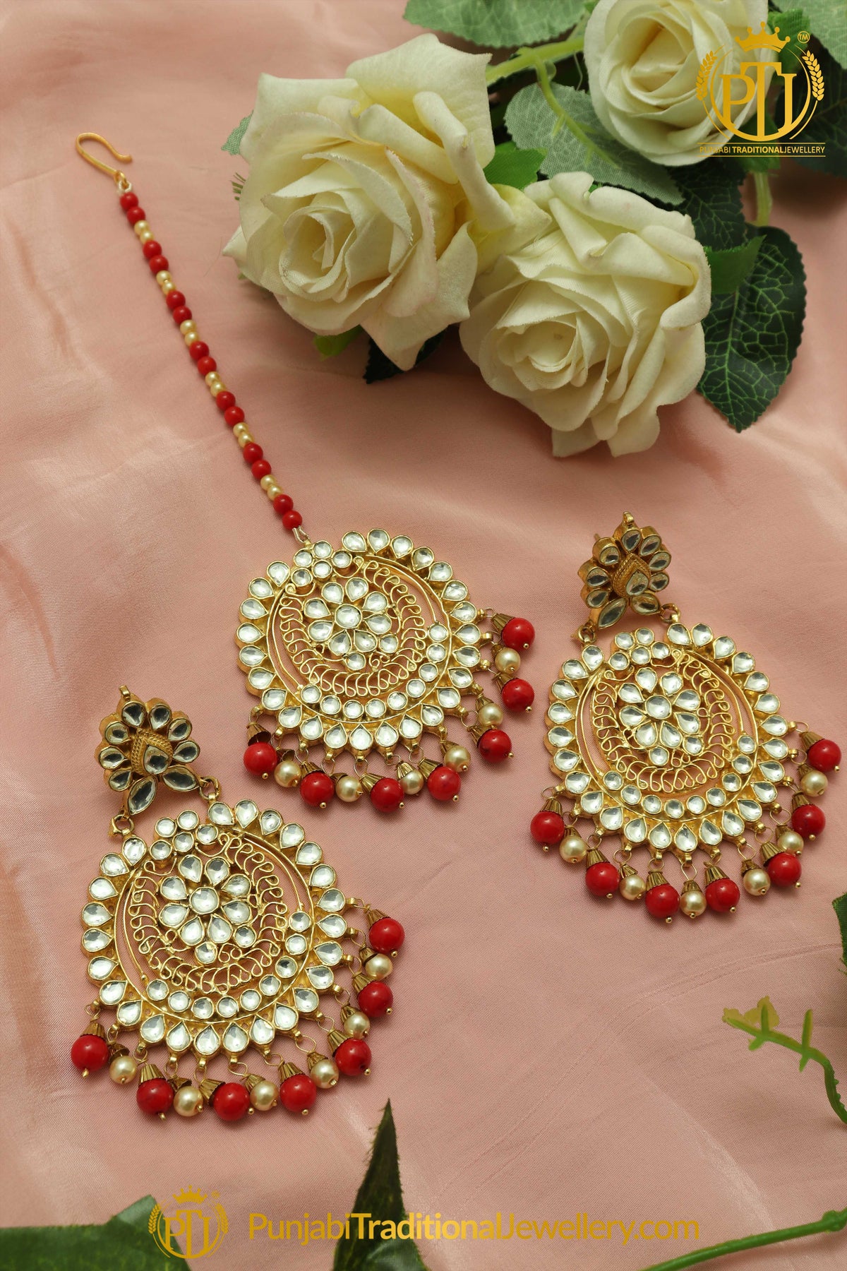 Golden Kundan Pearl Red Earring Tikka Set | Punjabi Traditional Jewellery Exclusive