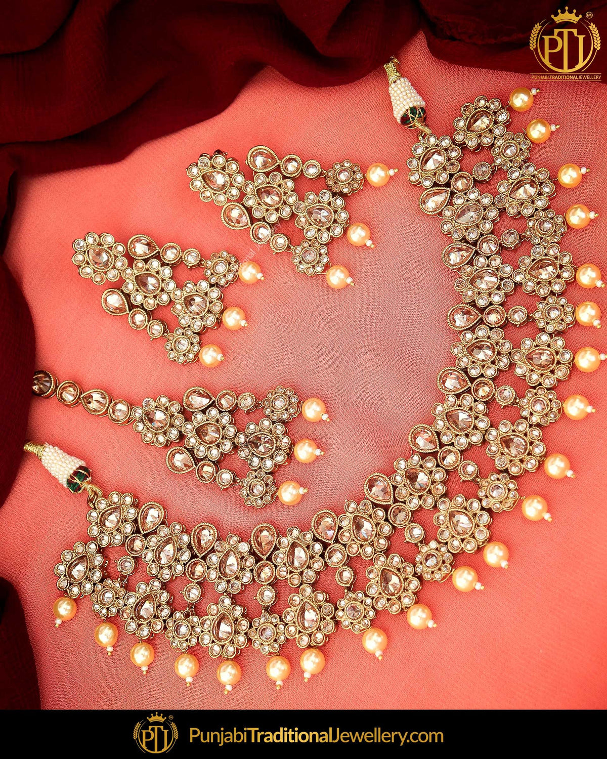 Gold Finished Champange Stone Necklace Set | Punjabi Traditional Jewellery Exclusive