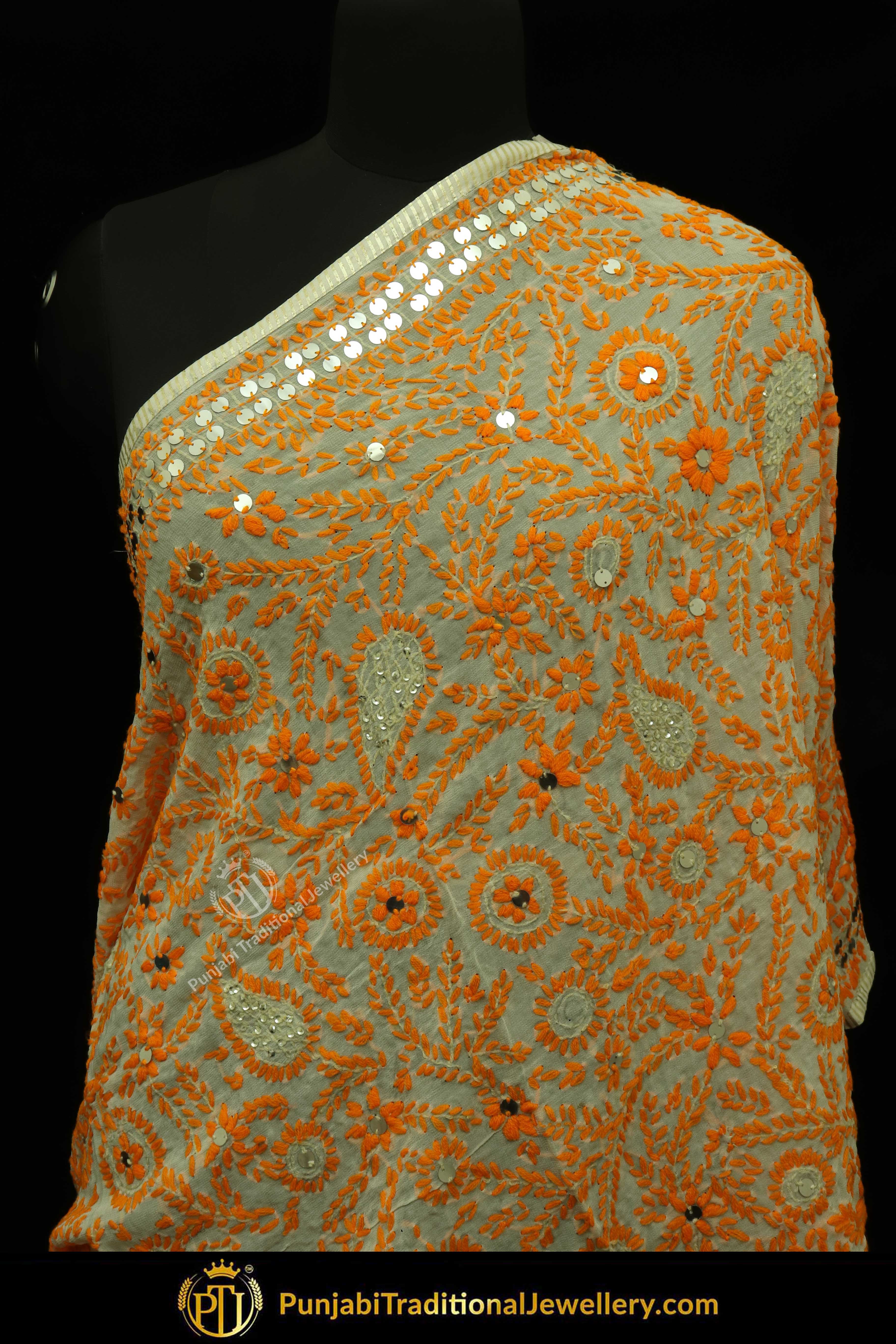 Orange Color Pure Phulkari Dupatta By Punjabi Traditional Jewellery