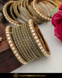 Antique Gold Finished Green Pearl Bangles Set (Both Hand Pair) | Punjabi Traditional Jewellery Exclusive