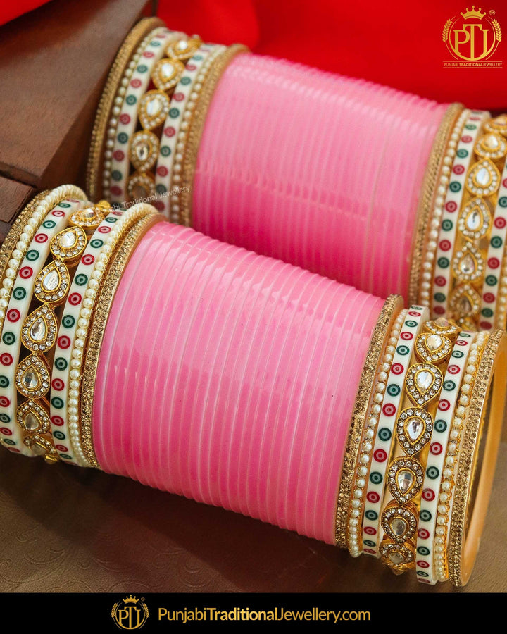 Dotted Pink Kundan Stone Bridal Chura | Punjabi Traditional Jewellery Exclusive