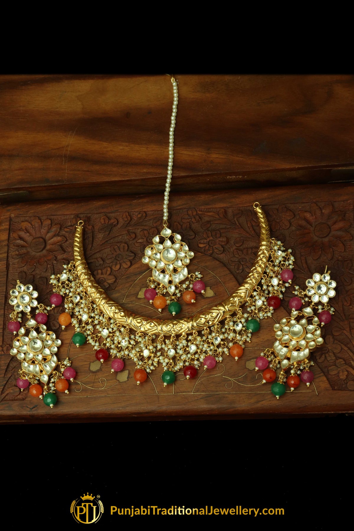 Hayrah Gold Finished Navratan Hasli Necklace, Tikka & Earrings | Punjabi Traditional Jewellery Exclusive