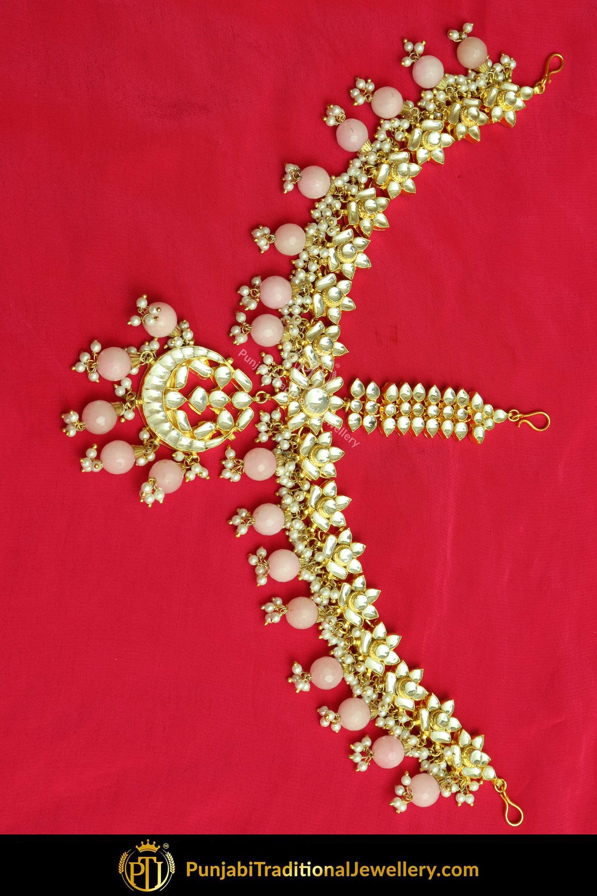 Gold Finished Kundan Peach Pearl Matha Patti | Punjabi Traditional Jewellery Exclusive