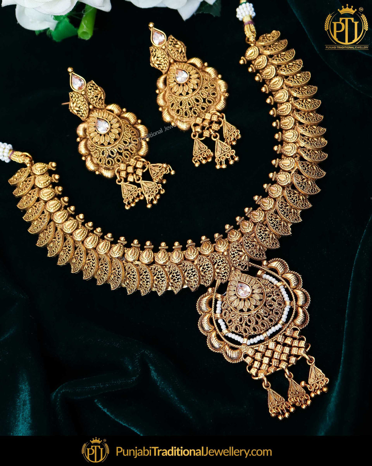Antique Gold Finished Kundan Pearl Johda Necklace Set  | Punjabi Traditional Jewellery Exclusive