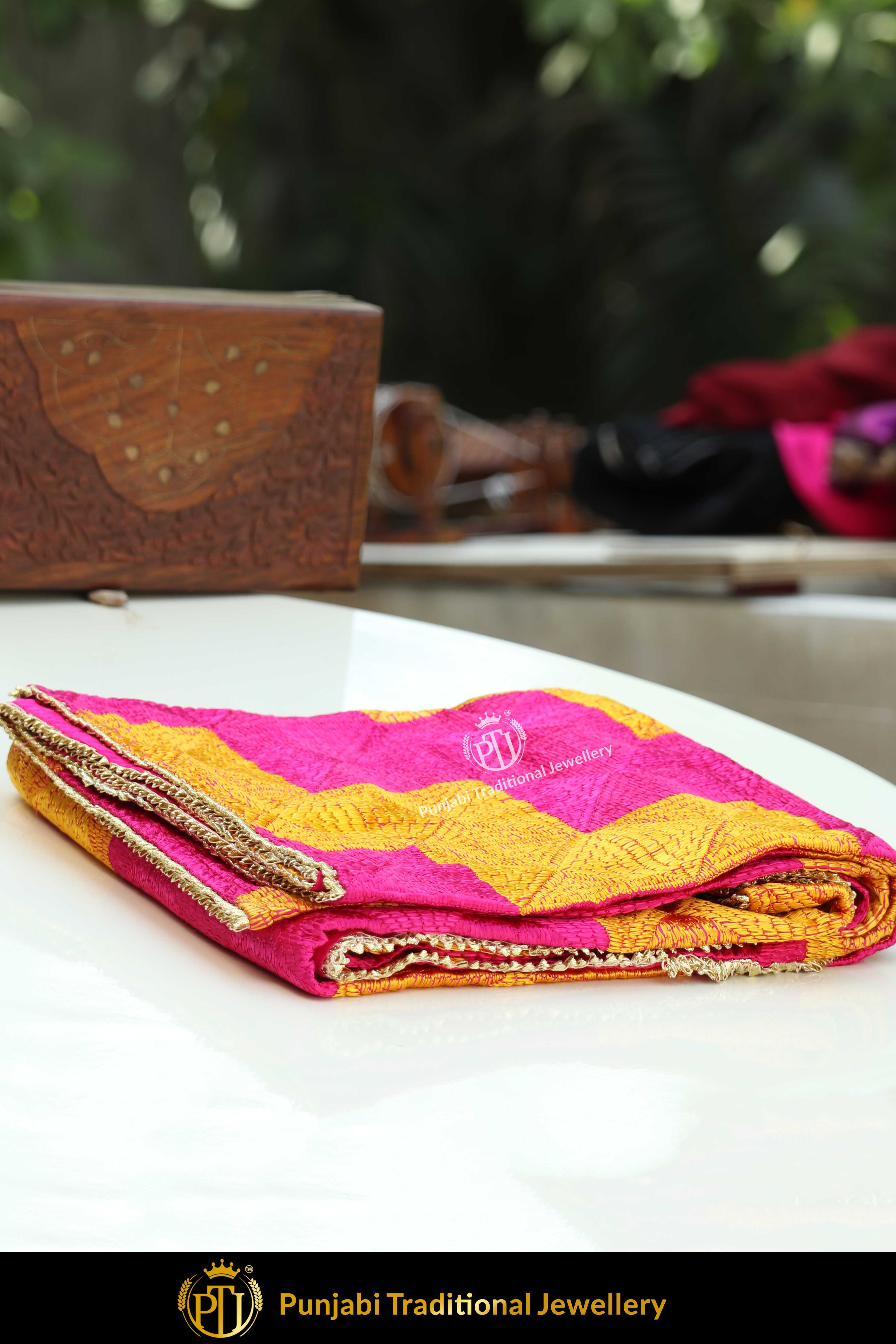 Pink & Yellow Color Pure Phulkari Dupatta By Punjabi Traditional Jewellery