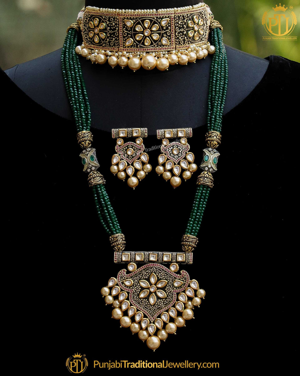 Antique Gold Finished Green Kundan Mugal Mala & Choker Necklace Set | Punjabi Traditional Jewellery Exclusive
