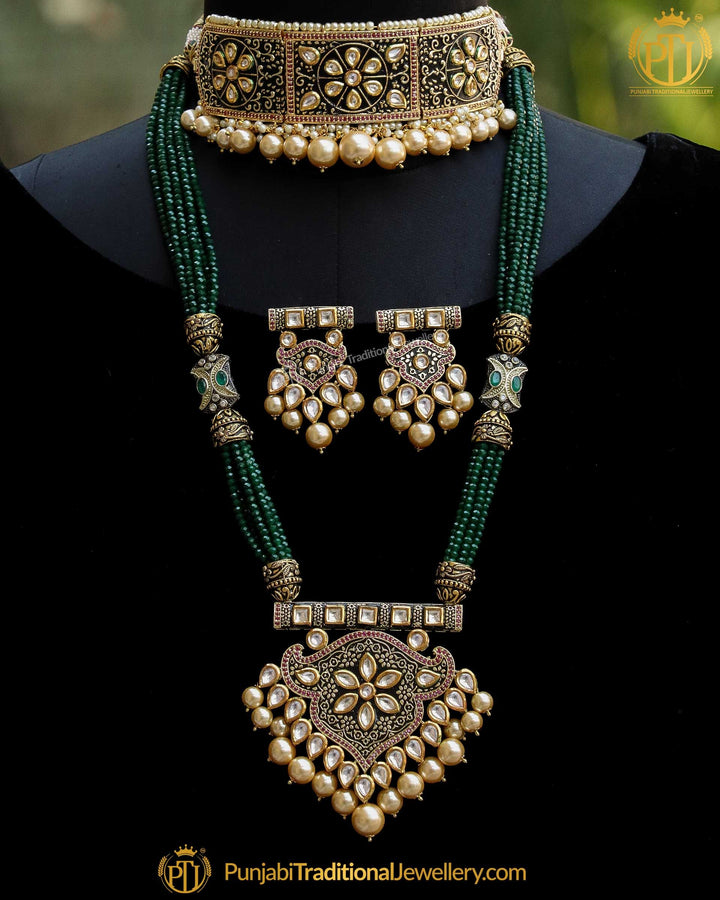 Antique Gold Finished Green Kundan Mugal Mala & Choker Necklace Set | Punjabi Traditional Jewellery Exclusive