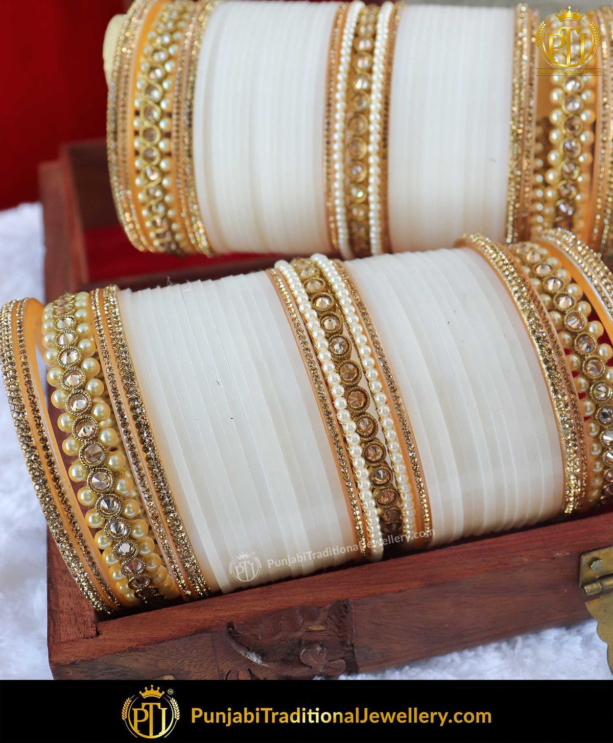 White Champagne Stone Pearl Bridal Chura | Punjabi Traditional Jewellery Exclusive