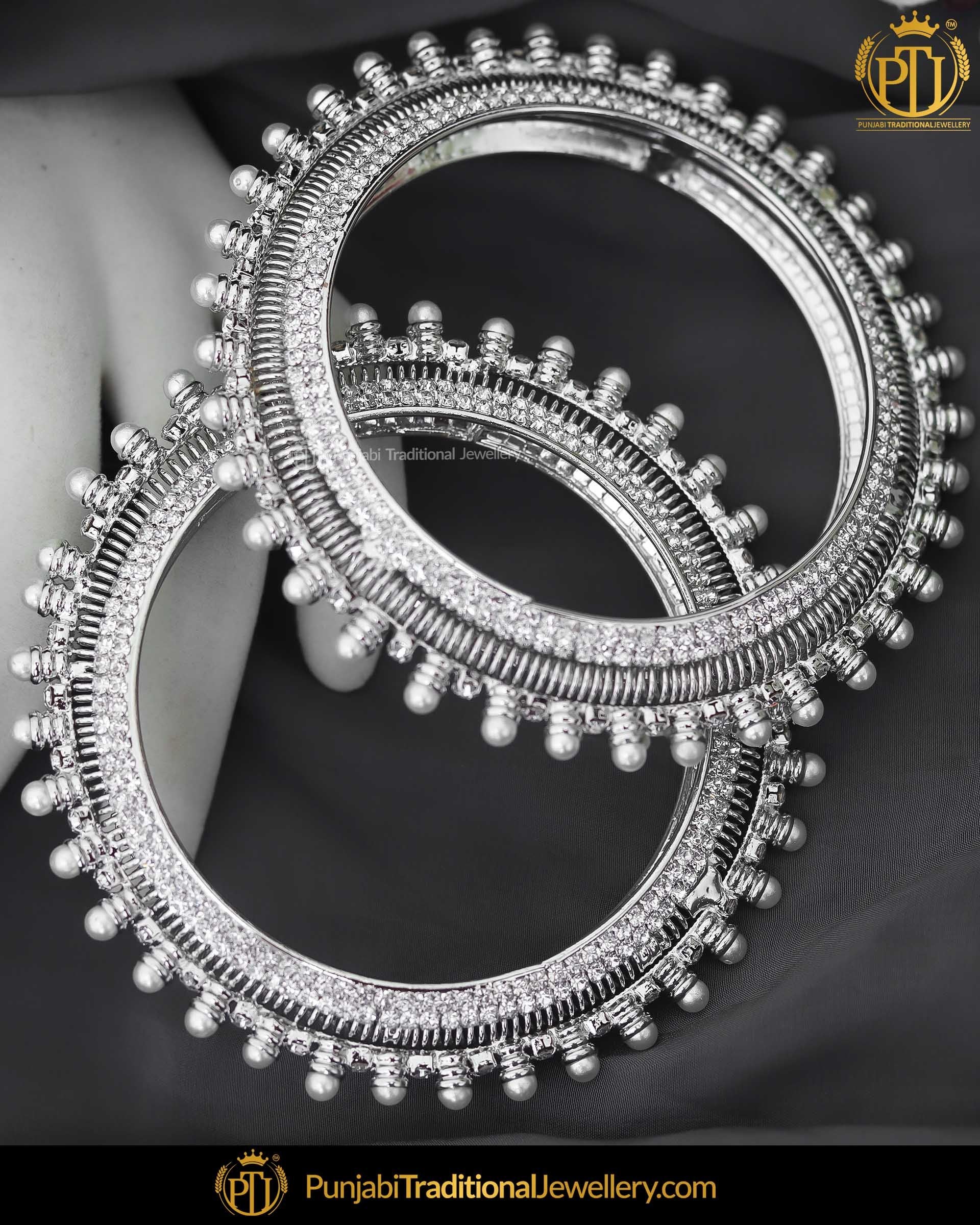 Silver Jercon Pearl Karra Bangles (Both Hand Pair) | Punjabi Traditional Jewellery Exclusive