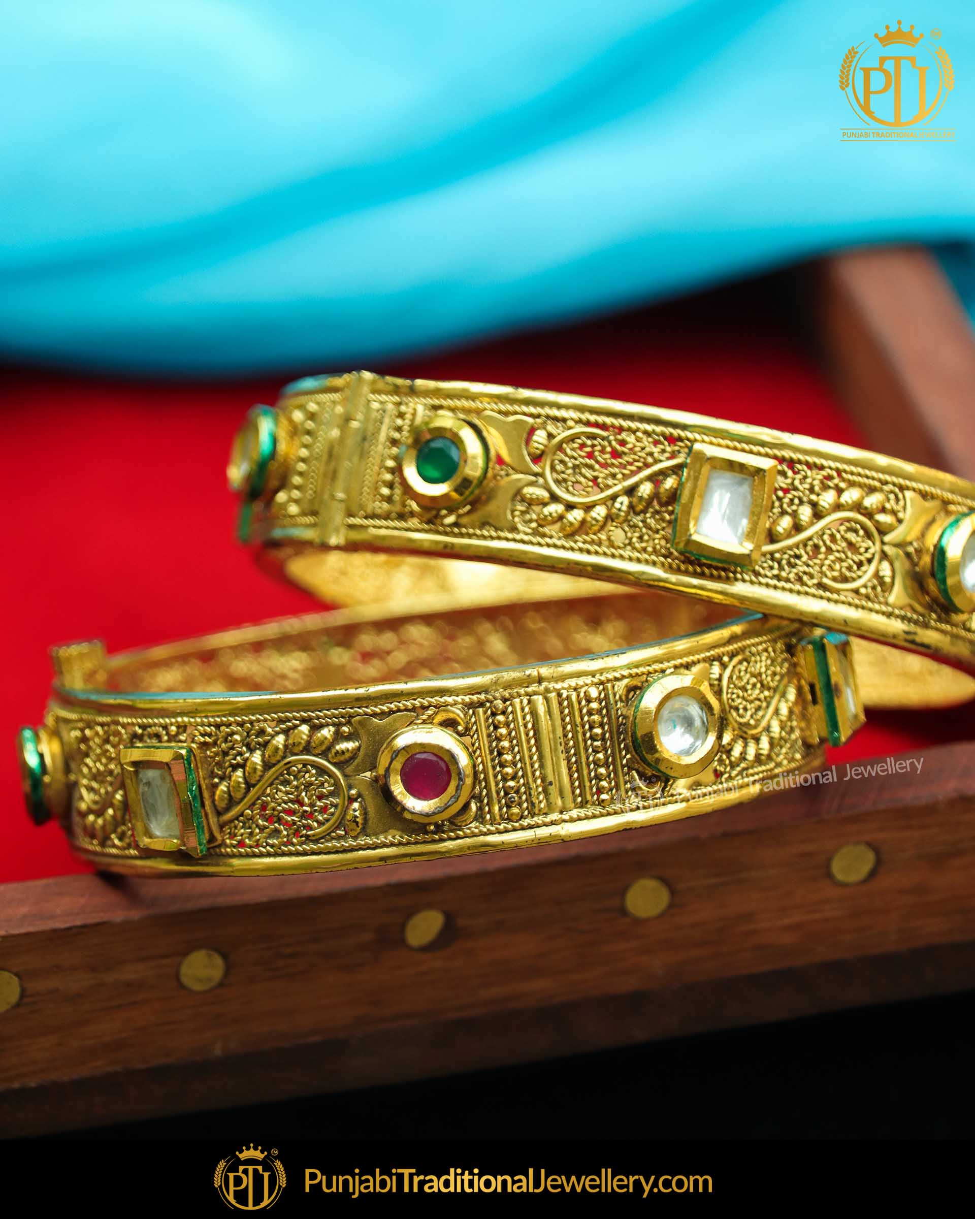 Gold Plated Red Green Johda Openable Bangles (Pair) | Punjabi Traditional Jewellery Exclusive