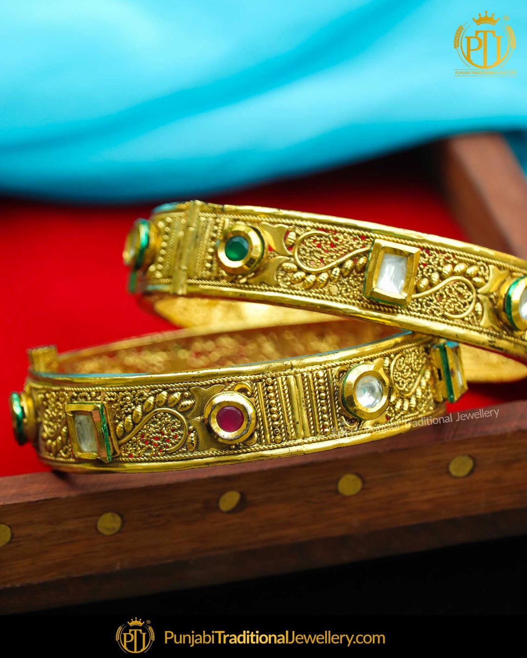 Gold Plated Red Green Johda Openable Bangles (Pair) | Punjabi Traditional Jewellery Exclusive