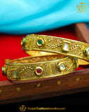 Gold Plated Red Green Johda Openable Bangles (Pair) | Punjabi Traditional Jewellery Exclusive