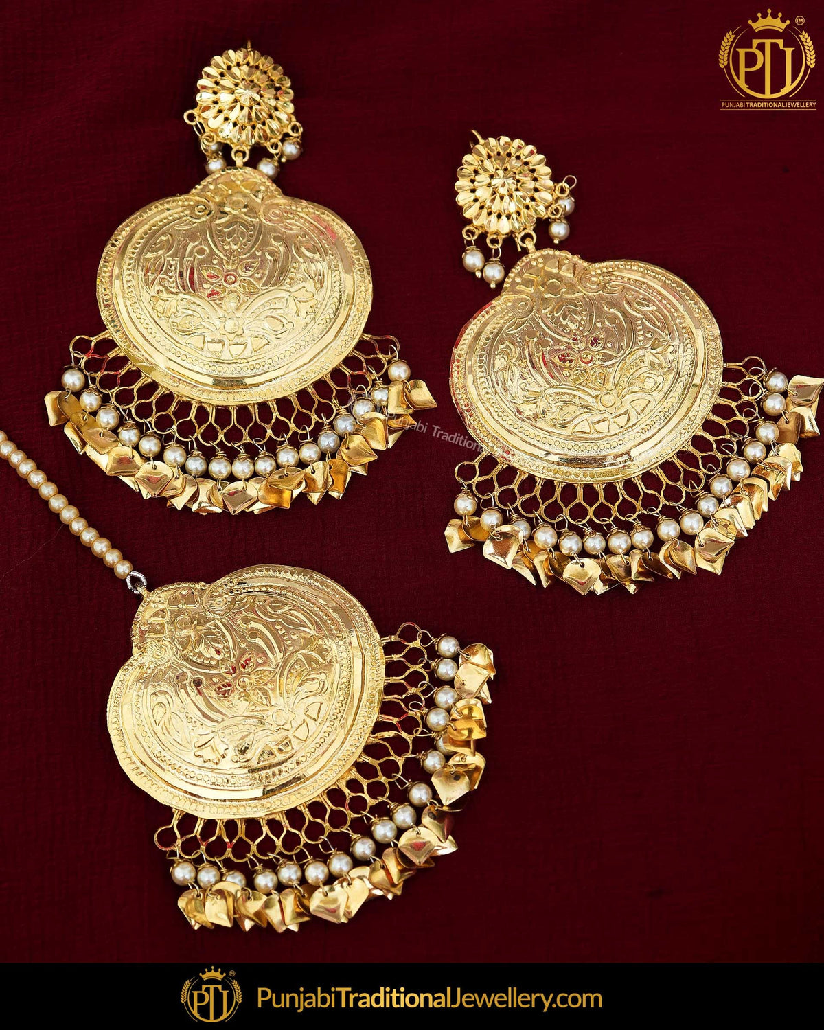 Gold Finished Pippal Patti Pearl Patra Earrings & Tikka Set | Punjabi Traditional Jewellery Exclusive