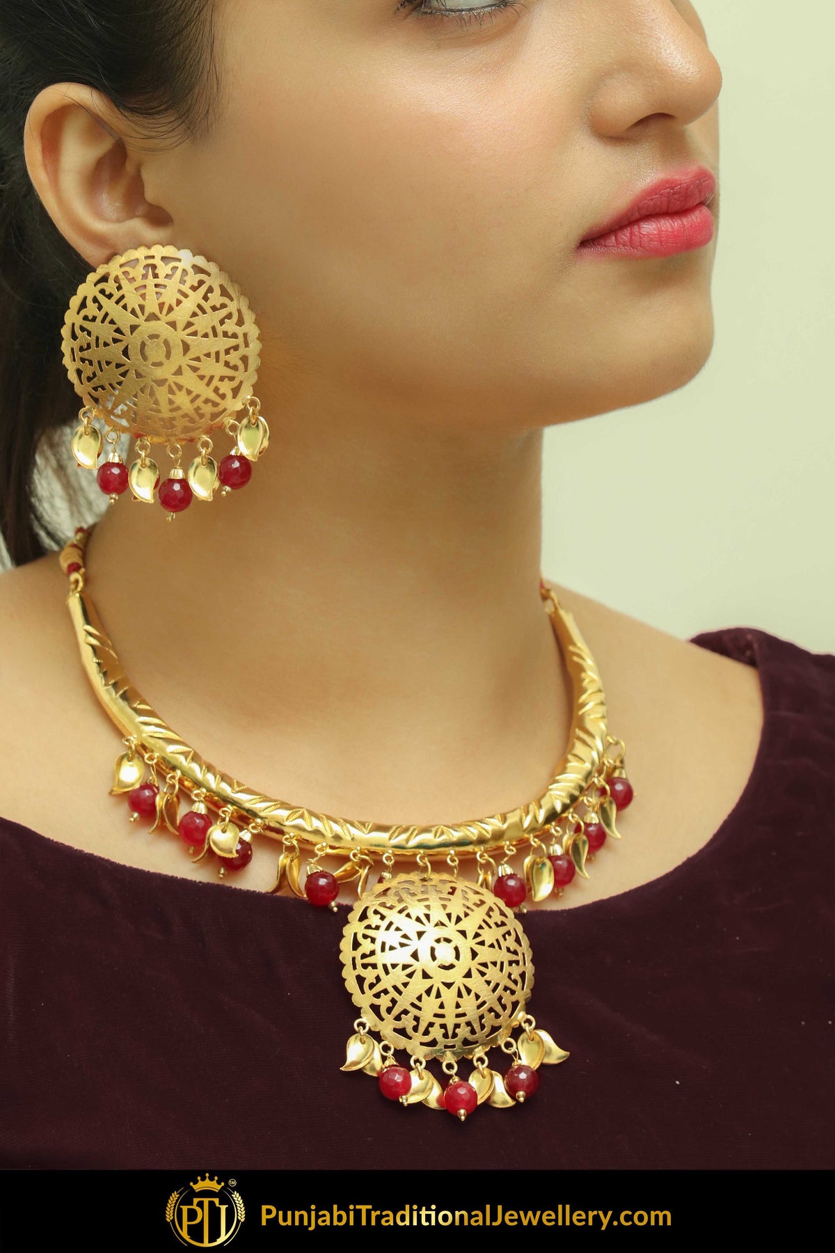 Hayam Gold Finished Rubby Pippal Patti Hasli Earrings & Necklace | Punjabi Traditional Jewellery Exclusive