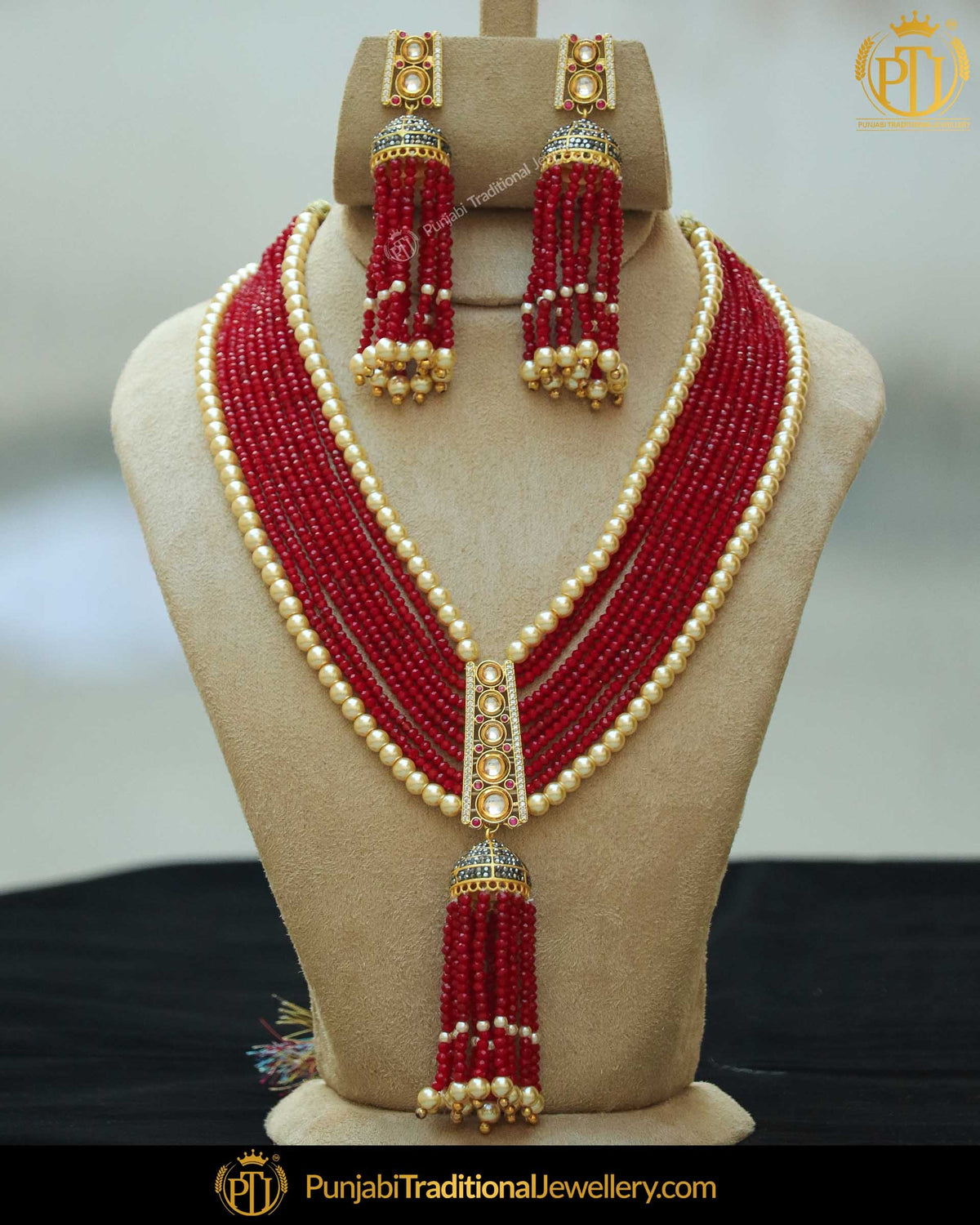 Gold Finished Rubby Pearl Kundan Crystal Necklace Set | Punjabi Traditional Jewellery Exclusive