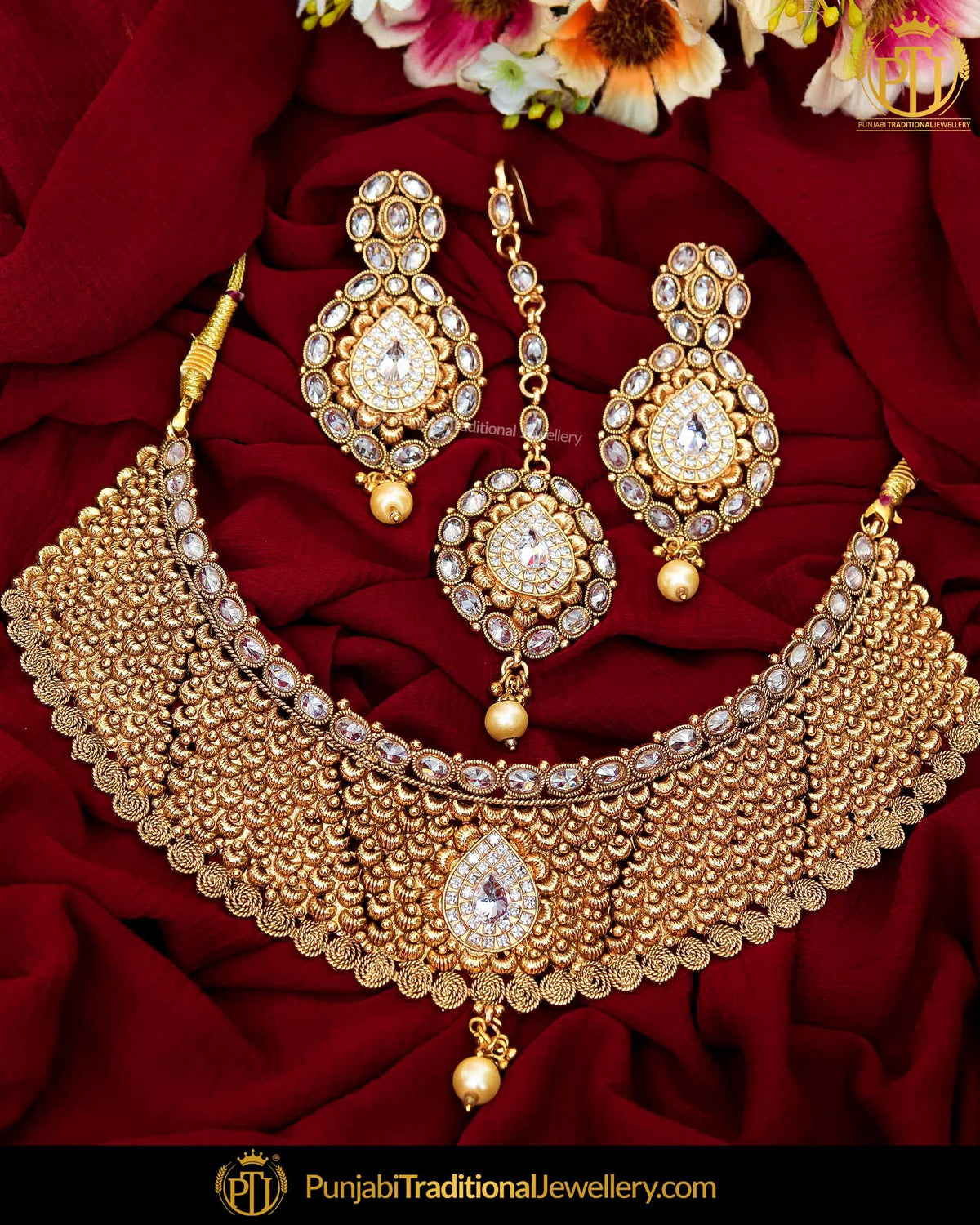 Antique Gold Finished Champagne Stone Johda Necklace Set  | Punjabi Traditional Jewellery Exclusive