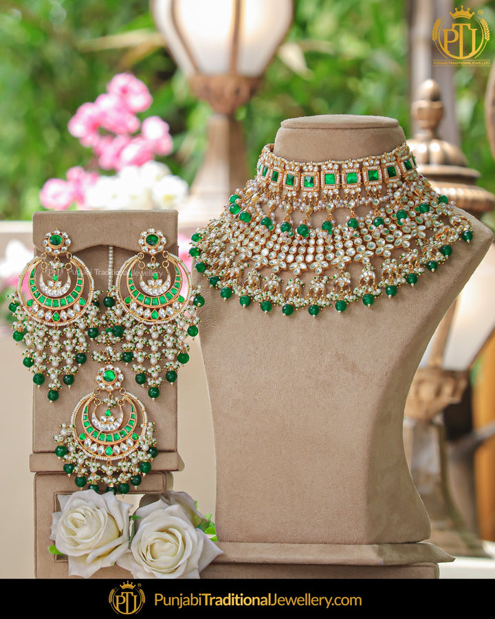 Gold Finished Green Kundan Choker Necklace Set | Punjabi Traditional Jewellery Exclusive