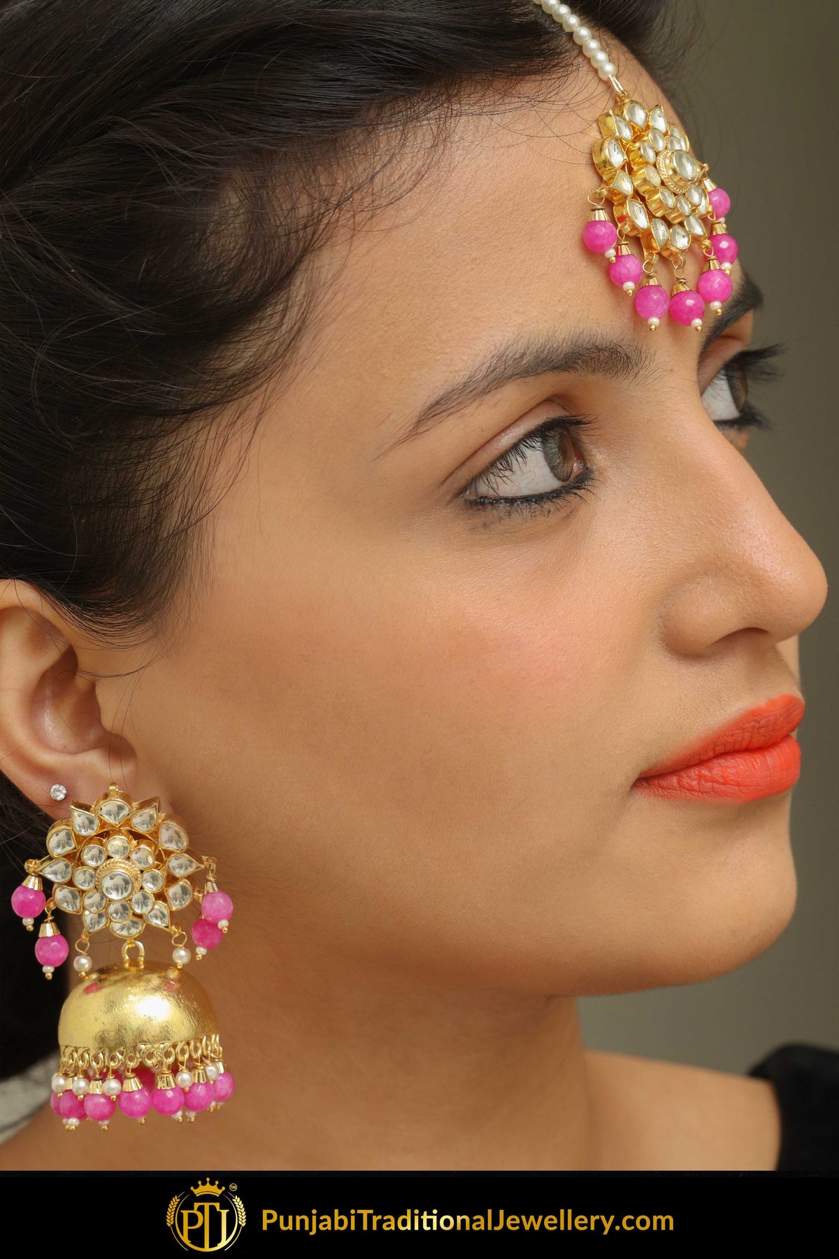 Ijabo Gold Finished Pearl Pink Jhumki Kundan Earring Tikka Set | Punjabi Traditional Jewellery Exclusive