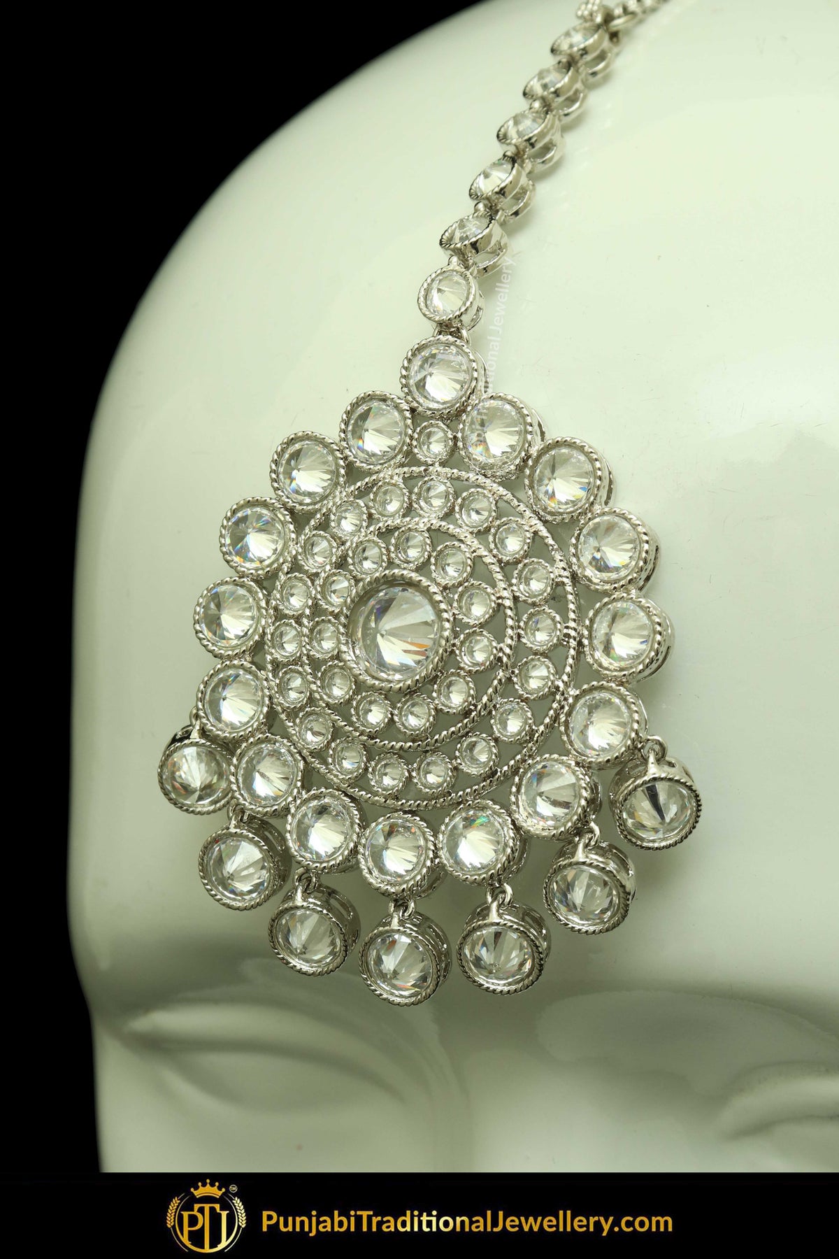 Silver Finished Polki Stone Earrings & Tikka Set By Punjabi Traditional Jewellery