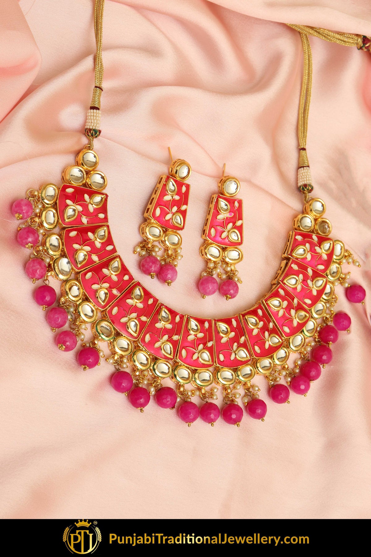 Judamah Hand Painted Hot Pink Kundan Necklace Set & Earrings | Punjabi Traditional Jewellery Exclusive