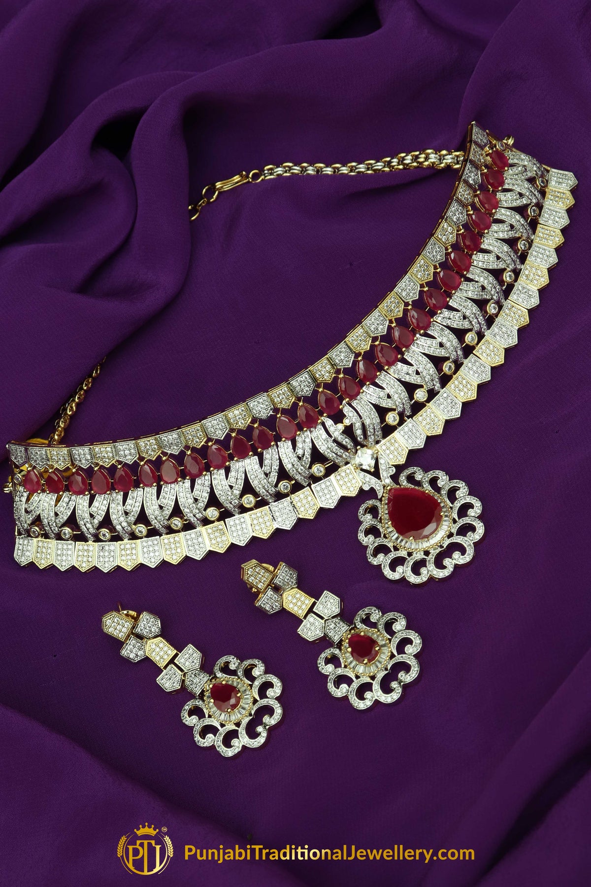 Gold Finished Red Pearl American diamond Necklace & Earrings | Punjabi Traditional Jewellery Exclusive
