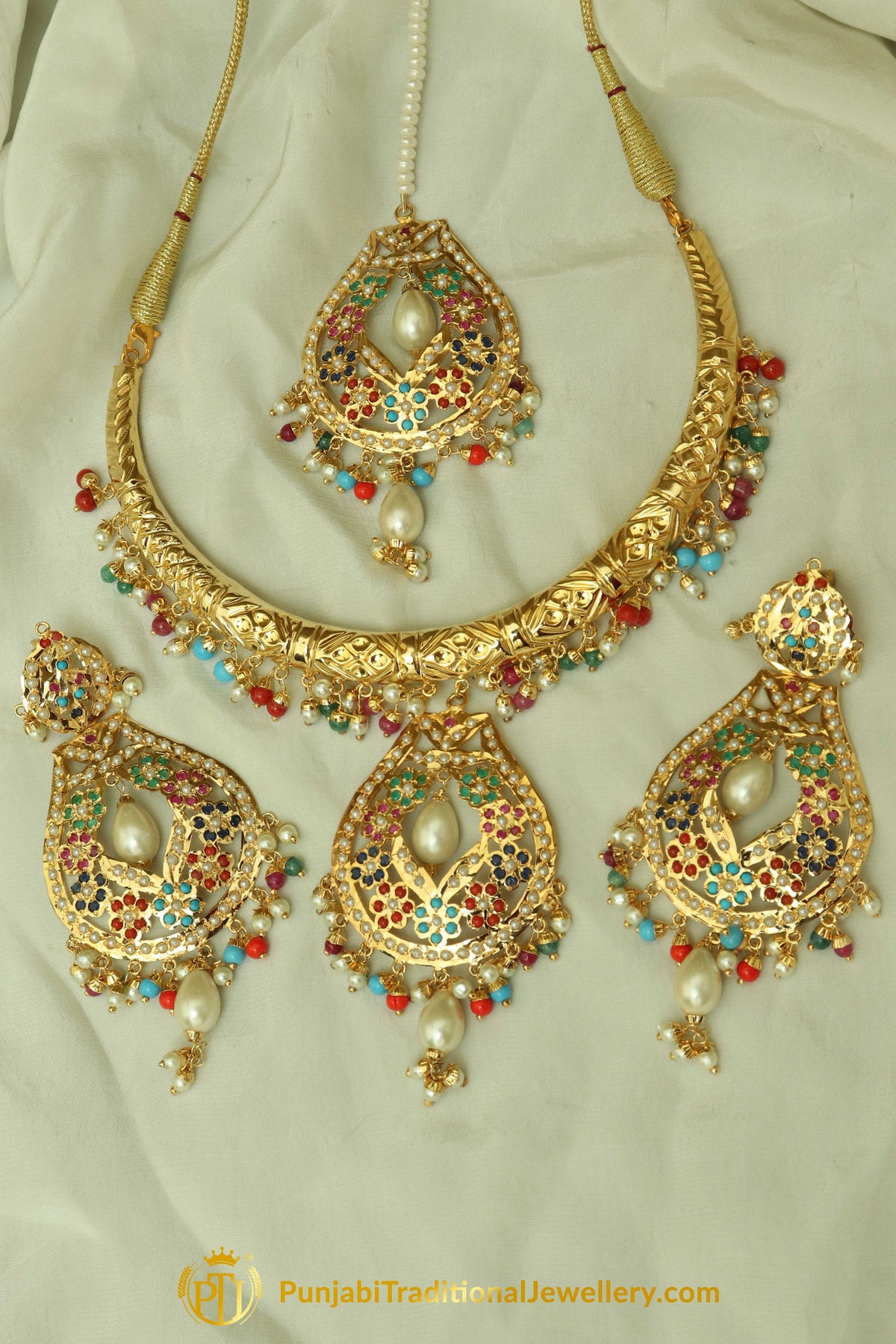 Hayam Gold Finished Navratan Hasli Necklace, Tikka & Earrings | Punjabi Traditional Jewellery Exclusive
