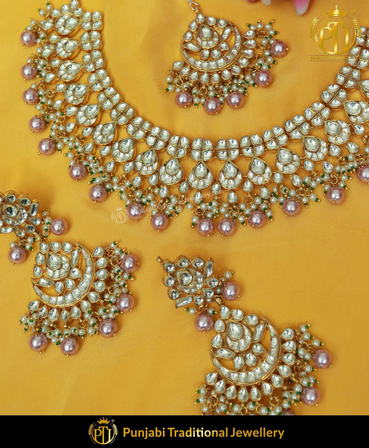 Kundan Metallic Pink Pearl Necklace & Earrings | Punjabi Traditional Jewellery Exclusive