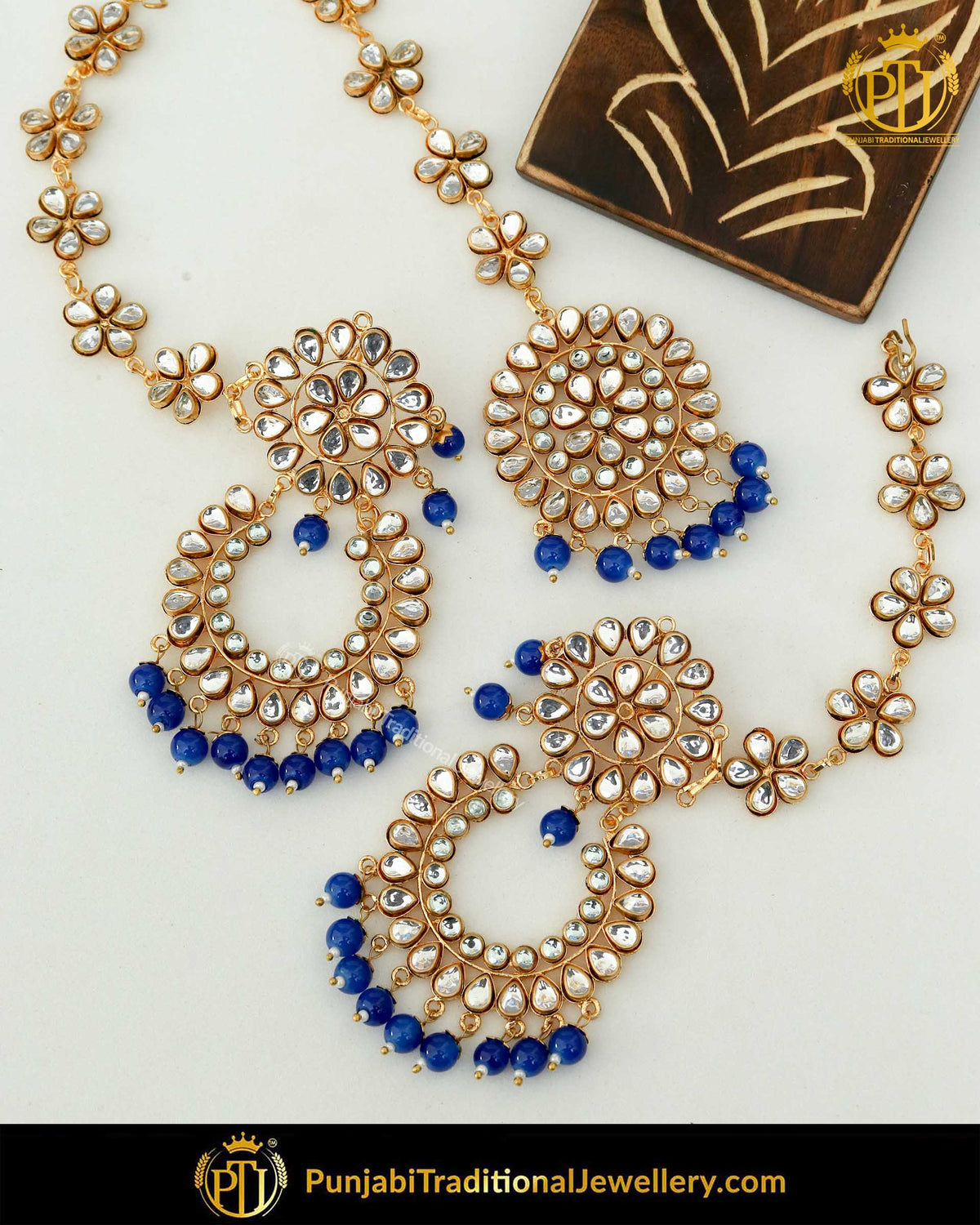 Gold Finished Pearl Blue Kundan Sahare Earrings & Tikka Set | Punjabi Traditional Jewellery Exclusive