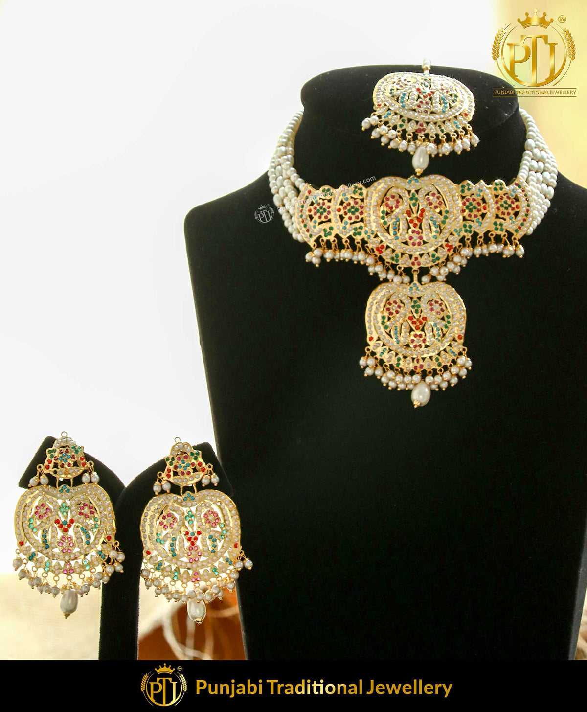 Navratan Choker Jadau  Pearl Necklace Set | Punjabi Traditional Jewellery Exclusive