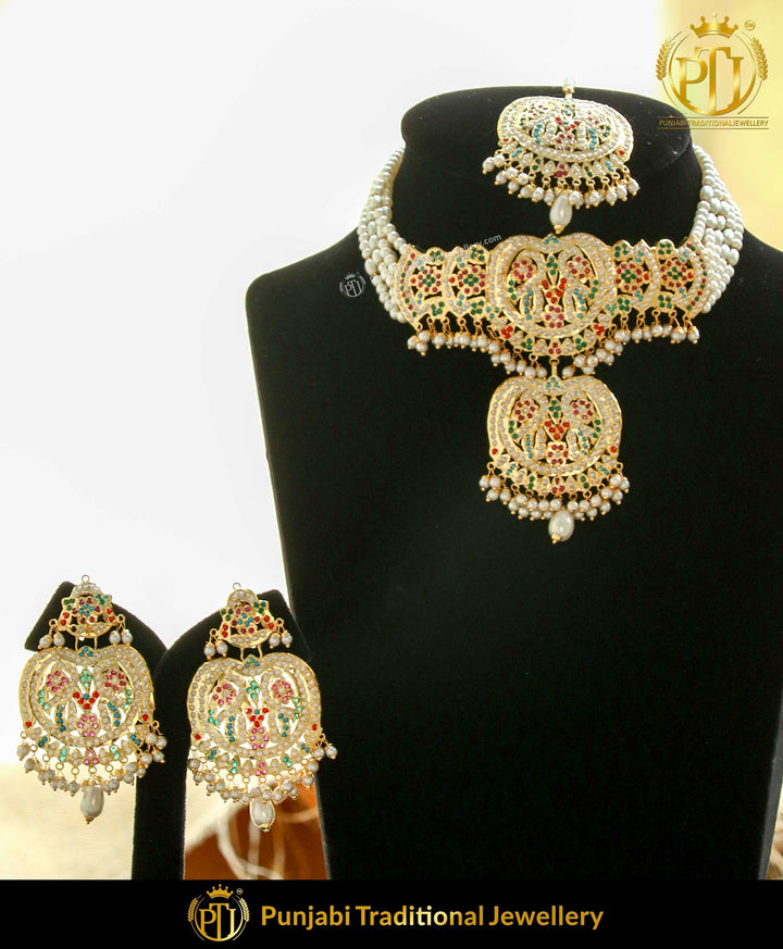 Navratan Choker Jadau  Pearl Necklace Set | Punjabi Traditional Jewellery Exclusive