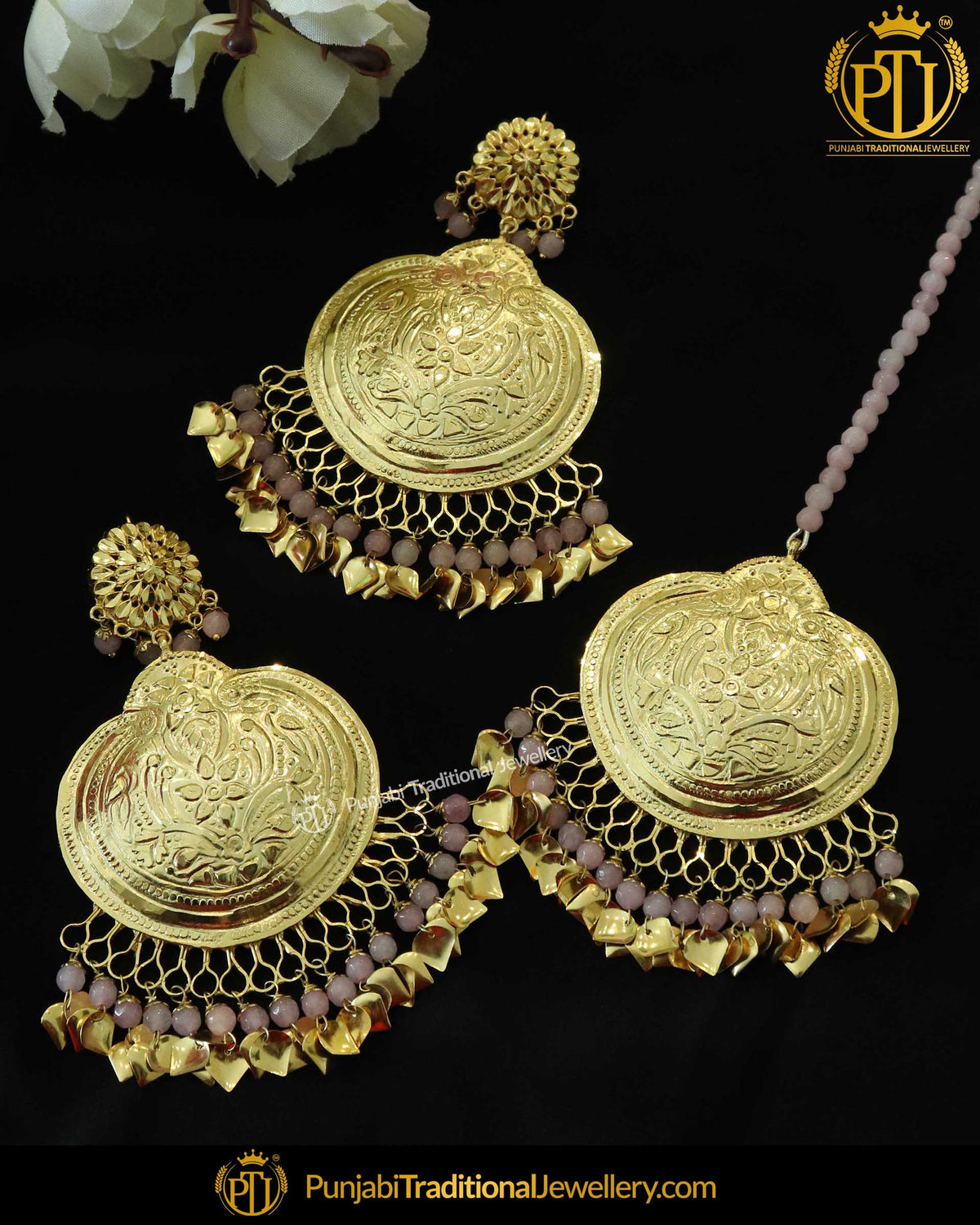Pink Pippal Patti Patra Earring Tikka Set | Punjabi Traditional Jewellery Exclusive