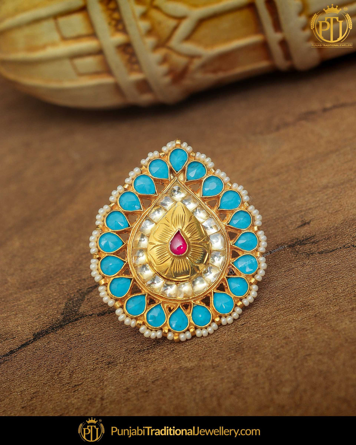 Gold Finished Firozi & Rubby Kundan Ring | Punjabi Traditional Jewellery Exclusive