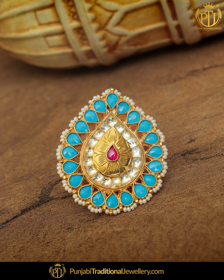 Gold Finished Firozi & Rubby Kundan Ring | Punjabi Traditional Jewellery Exclusive