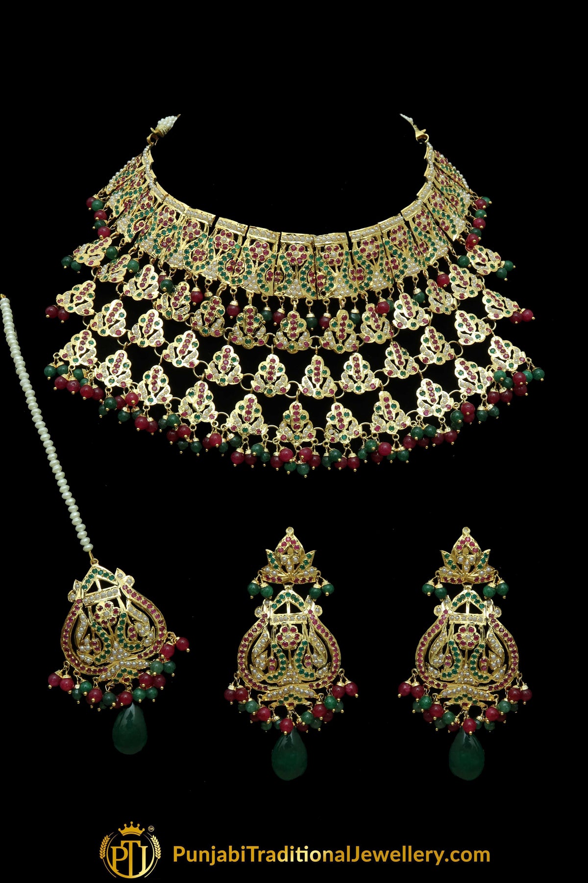 Janan Gold Finished Emerald Rubby Jadau Necklace, Tikka & Earrings | Punjabi Traditional Jewellery Exclusive