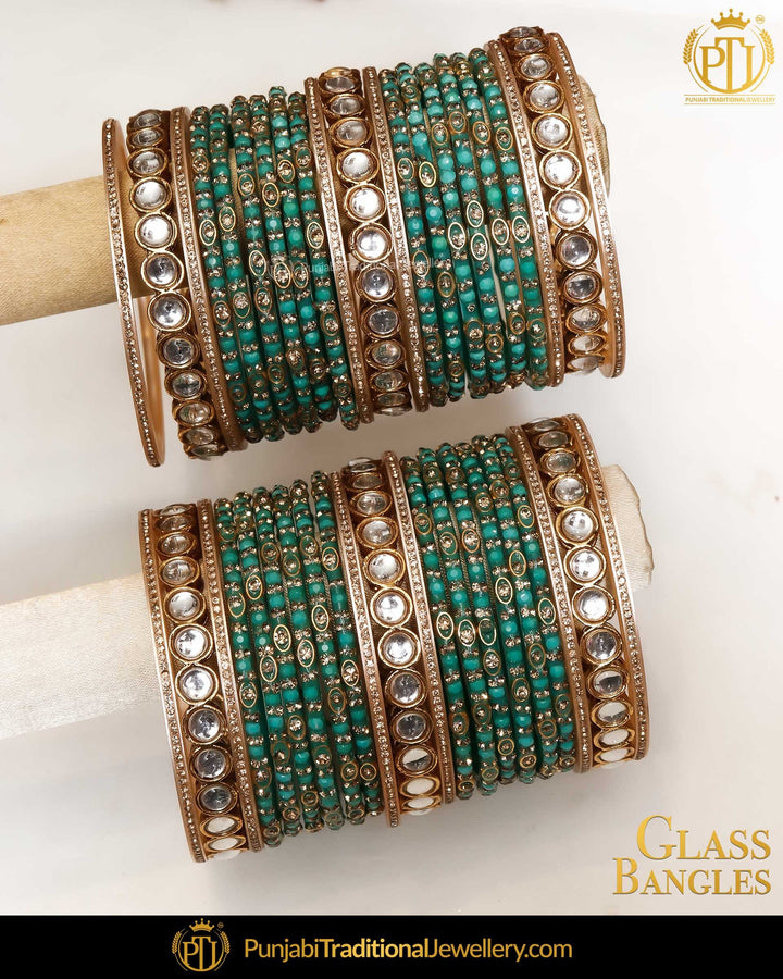 Peacock Green Kundan (For Both Hands) Glass Bangles Set | Punjabi Traditional Jewellery Exclusive